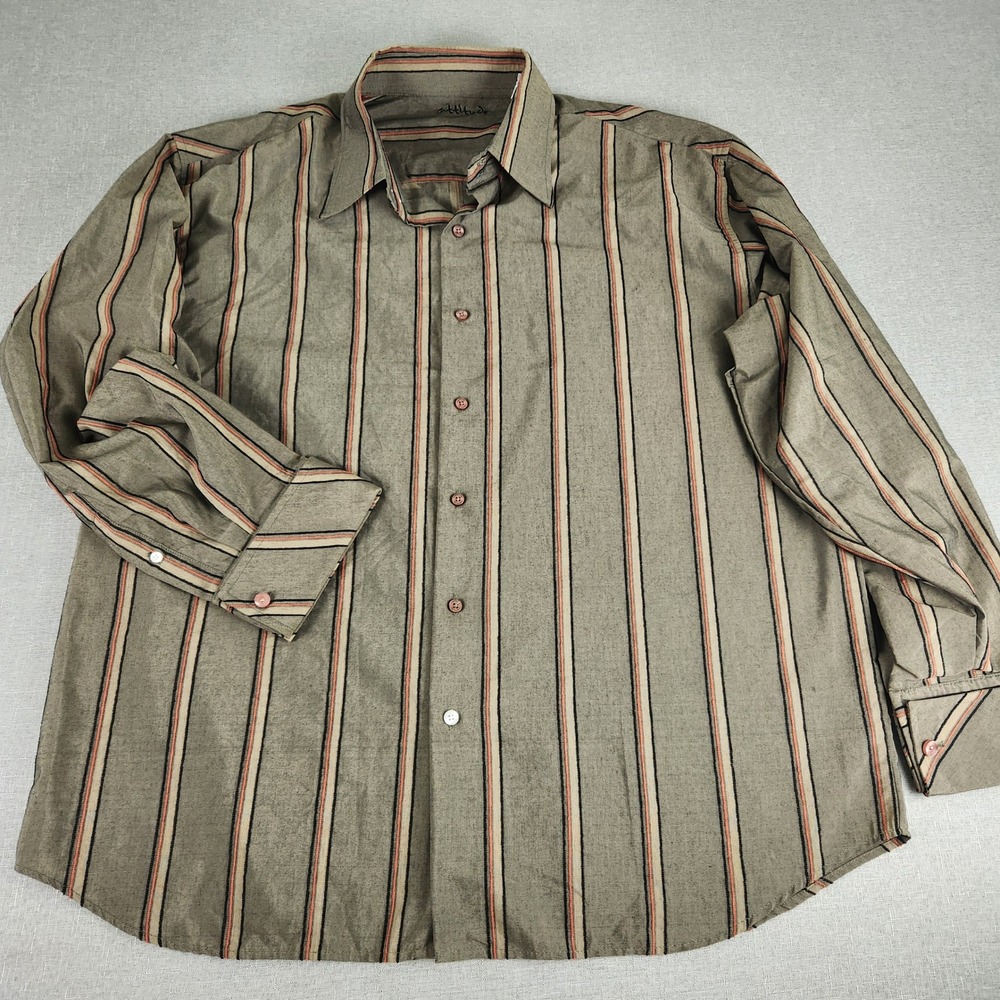 VTG Attitude Stripe Shirt Men 3XL Button Olive Green Orange LS Funky 90s Y2K EUC